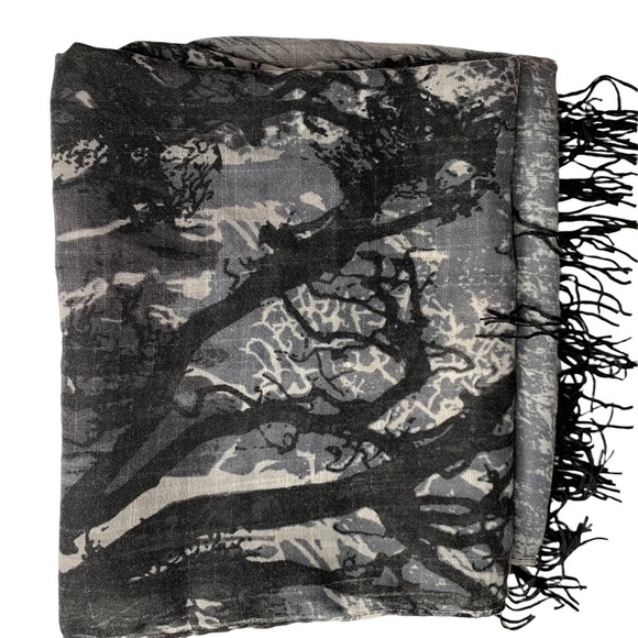 Women’s Graphic Gray, White & Black Tree Scarf With Solid Black Fringe Open Ends - Picture 3 of 8